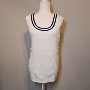 JEANNE PIERRE White Knit Sweater Vest / Tank Top - Navy Trim 1X